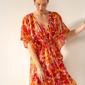 Caftán de algodón con estampado floral fucsia