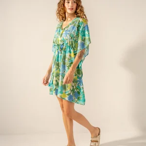 Caftán de algodón con estampado floral verde