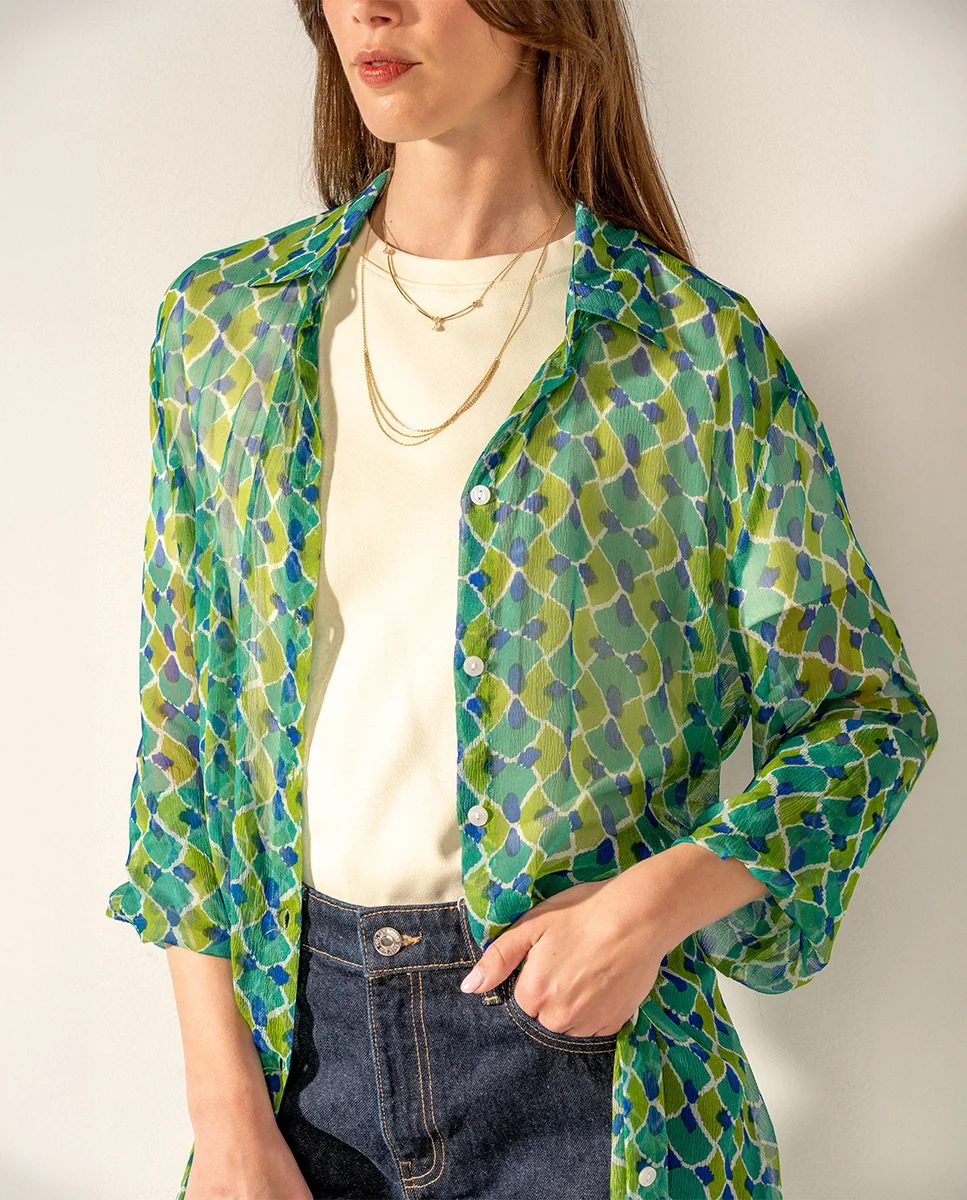 Túnica de viscosa con estampado geométrico verde - Imagen 5