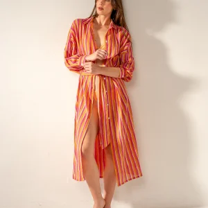 Túnica de viscosa con estampado a rayas fucsia