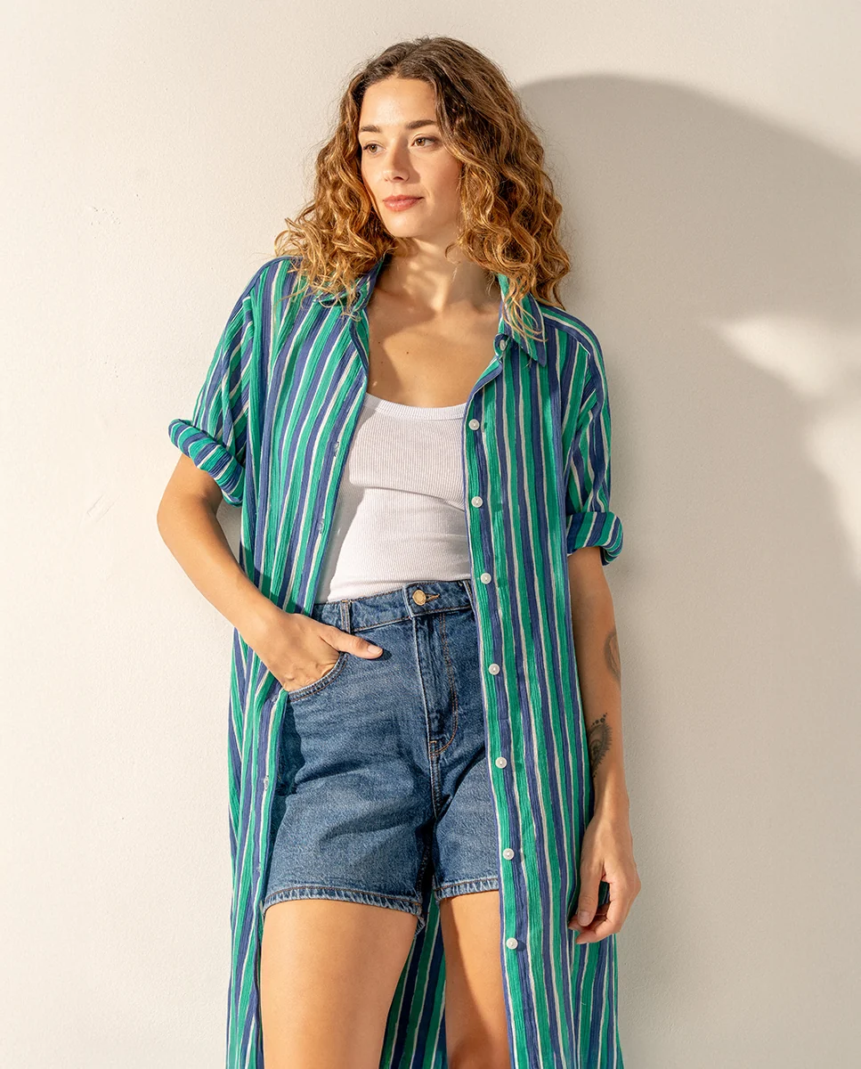 Túnica de viscosa con estampado a rayas turquesa