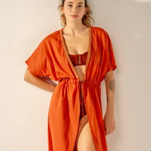 Túnica de viscosa con detalles metalizados naranja