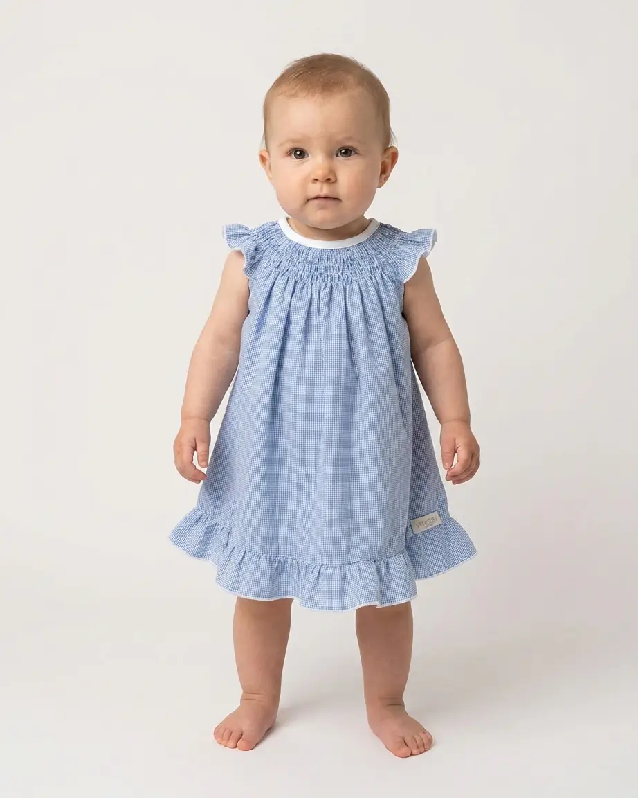 Conjunto Bebé Vestido Alas de Ángel y Bombacha Pata de Gallo Azul - Imagen 3