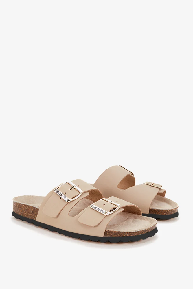 Sandalia plana de mujer de piel en beige - Imagen 3