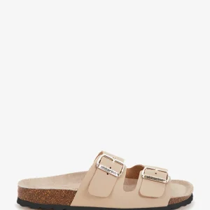Sandalia plana de mujer de piel en beige
