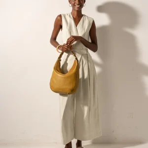 Bolso de hombro en piel y serraje amarillo