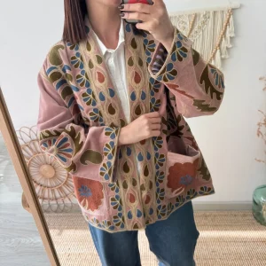 Kimono terciopelo bordados rosa