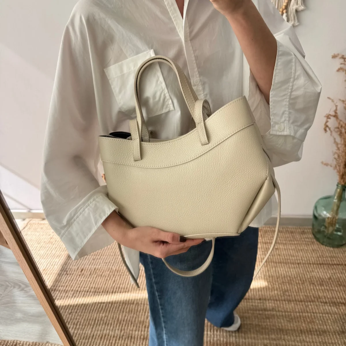 Tote estructurado piel beige - Imagen 3