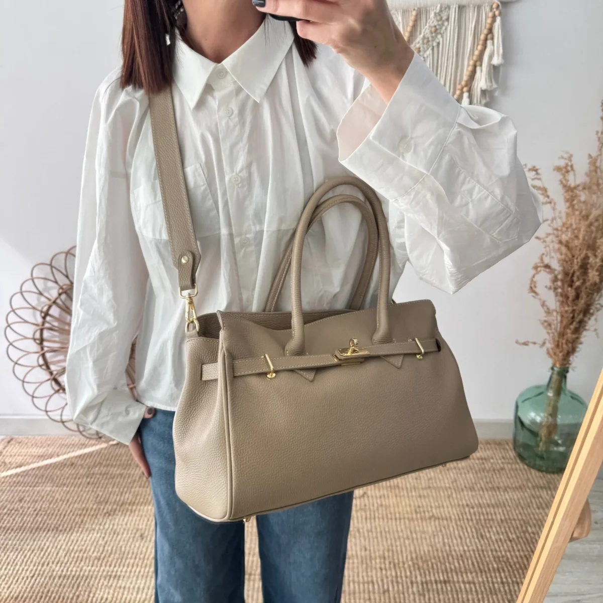 Bolso shopper taupe cierre dorado - Imagen 9