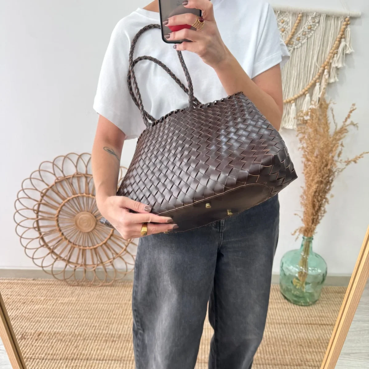 Bolso de piel trenzada trapecio marrón - Imagen 9