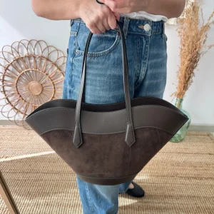Tote estructurado en piel y serraje marrón chocolate