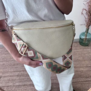 Riñonera/bandolera grande piel beige/oro iniciales bordadas