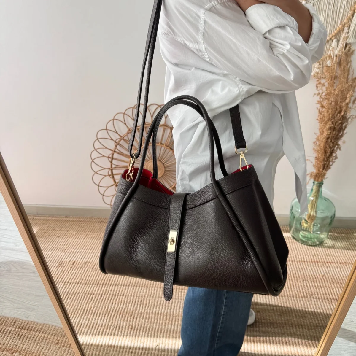 Bolso shopping piel marrón chocolate - Imagen 5