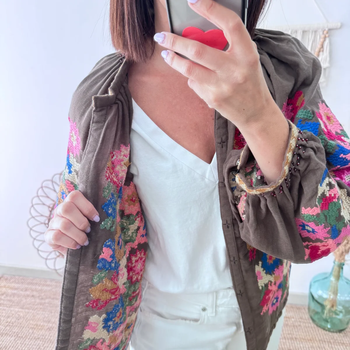 Chaqueta kimono corta marrón bordados - Imagen 9