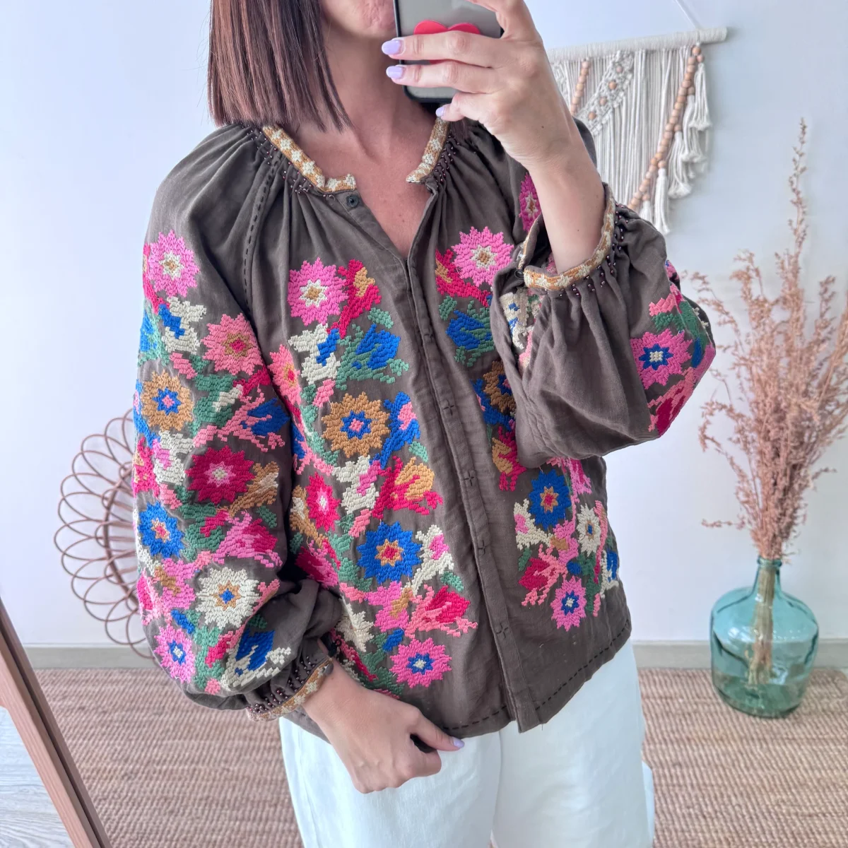 Chaqueta kimono corta marrón bordados - Imagen 7
