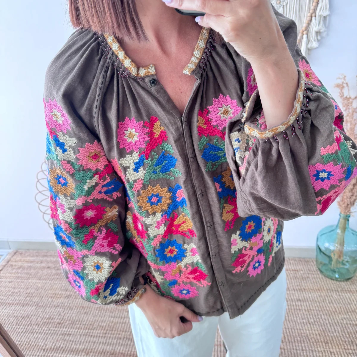 Chaqueta kimono corta marrón bordados - Imagen 8