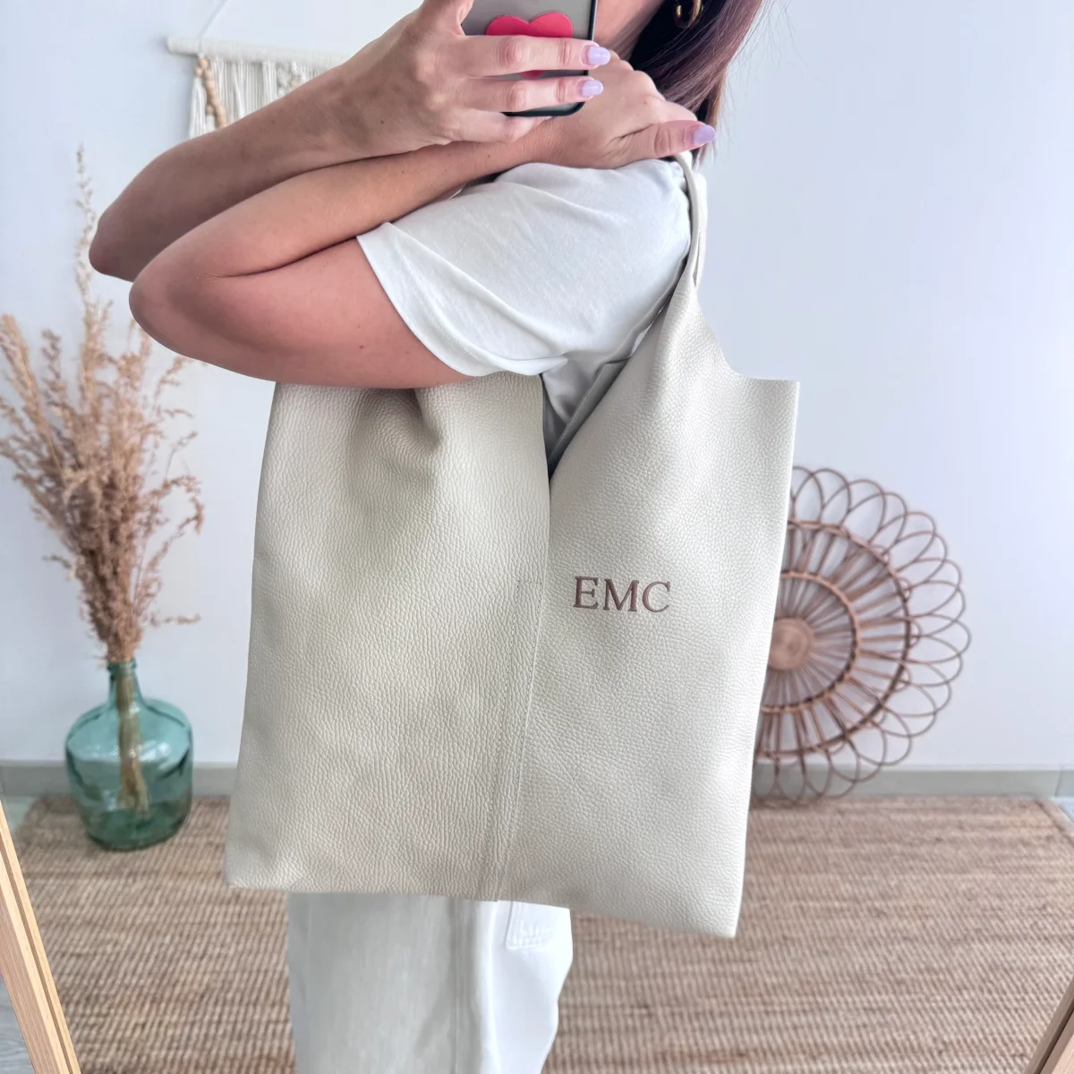 Bolso Tote piel beige con monedero - Imagen 2