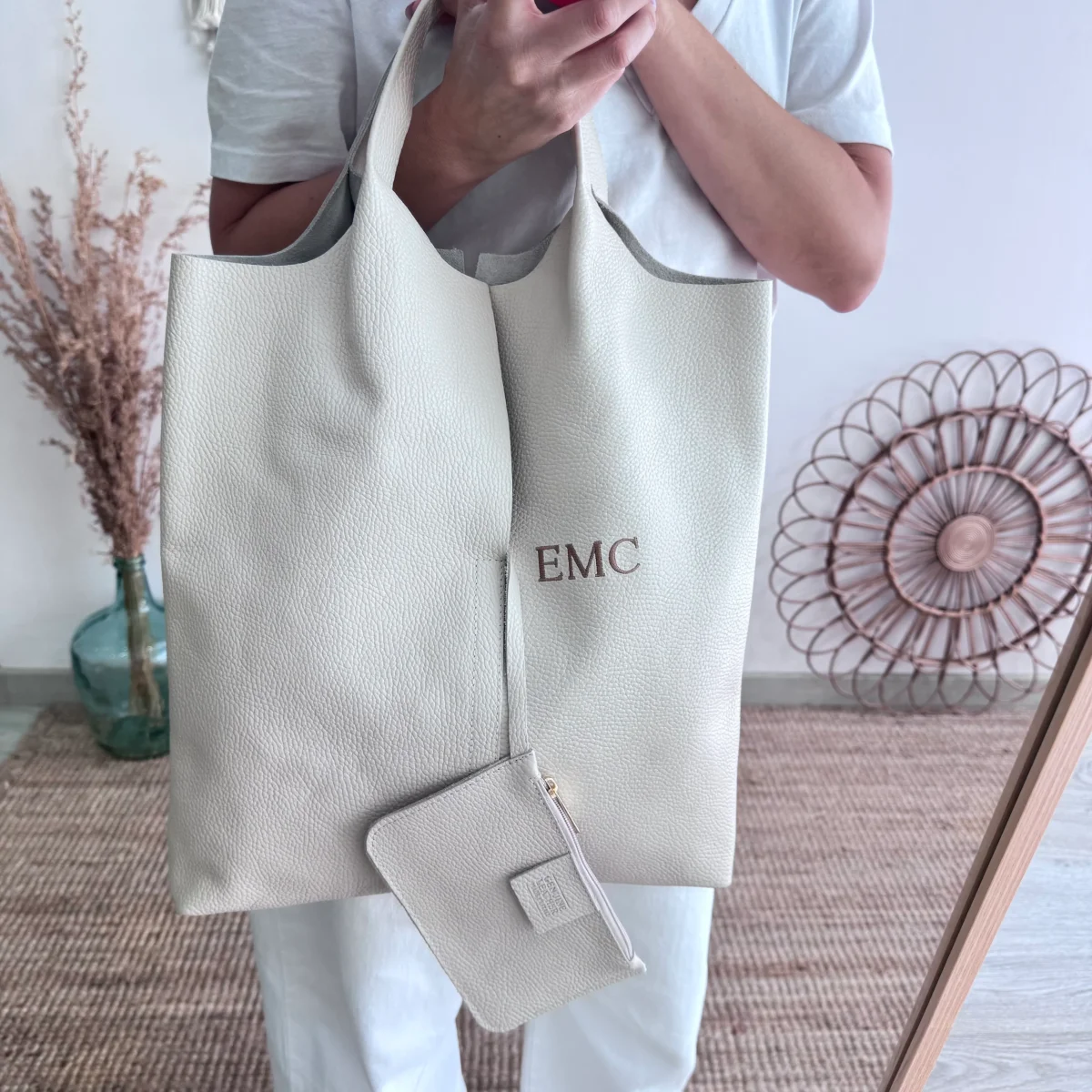 Bolso Tote piel beige con monedero - Imagen 3