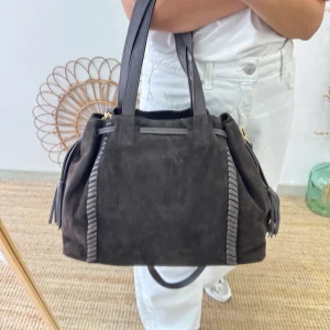 Bolso shopper combinado serraje y piel marrón chocolate