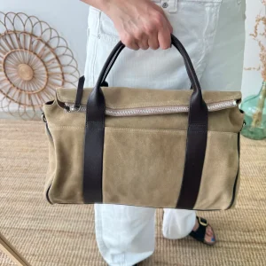 Bolso combinado serraje beige y piel marrón