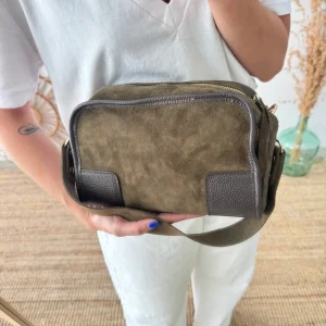 Bolso baúl serraje caqui y piel marrón