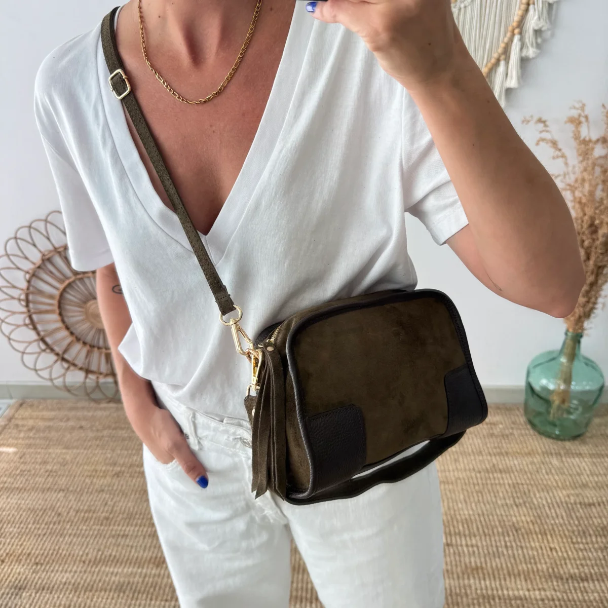 Bolso baúl serraje caqui y piel marrón - Imagen 7