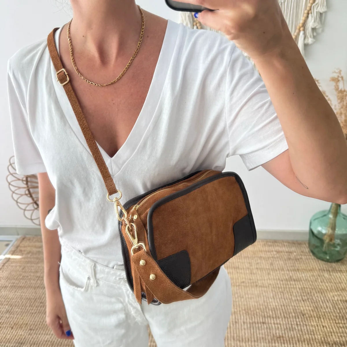 Bolso baúl serraje camel y piel marrón - Imagen 8