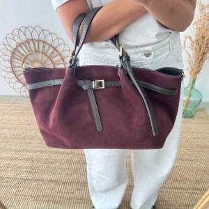 Bolso saco estructurado serraje y piel granate
