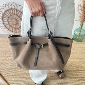 Bolso saco estructurado serraje y piel taupe