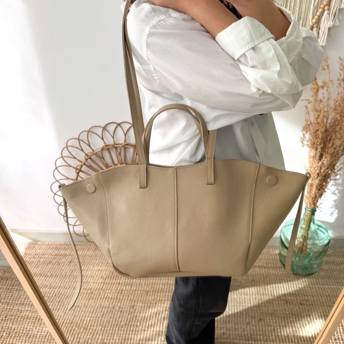Bolso tote taupe piel - Imagen 7