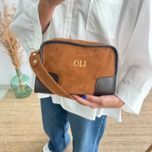 Bolso baúl serraje camel y piel marrón