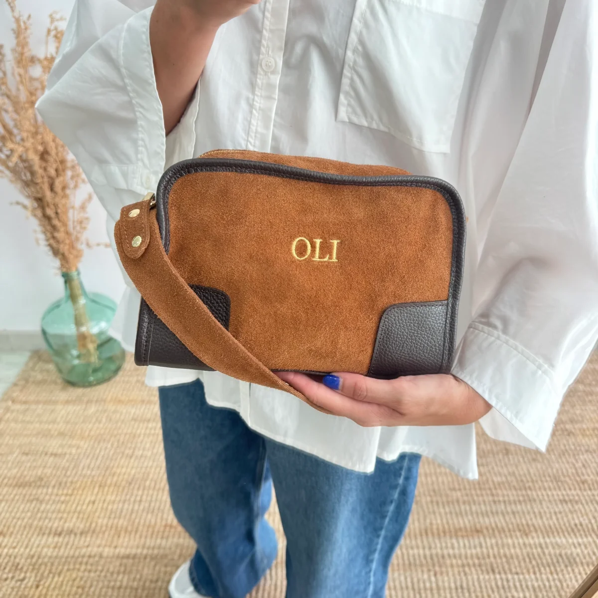 Bolso baúl serraje camel y piel marrón - Imagen 2