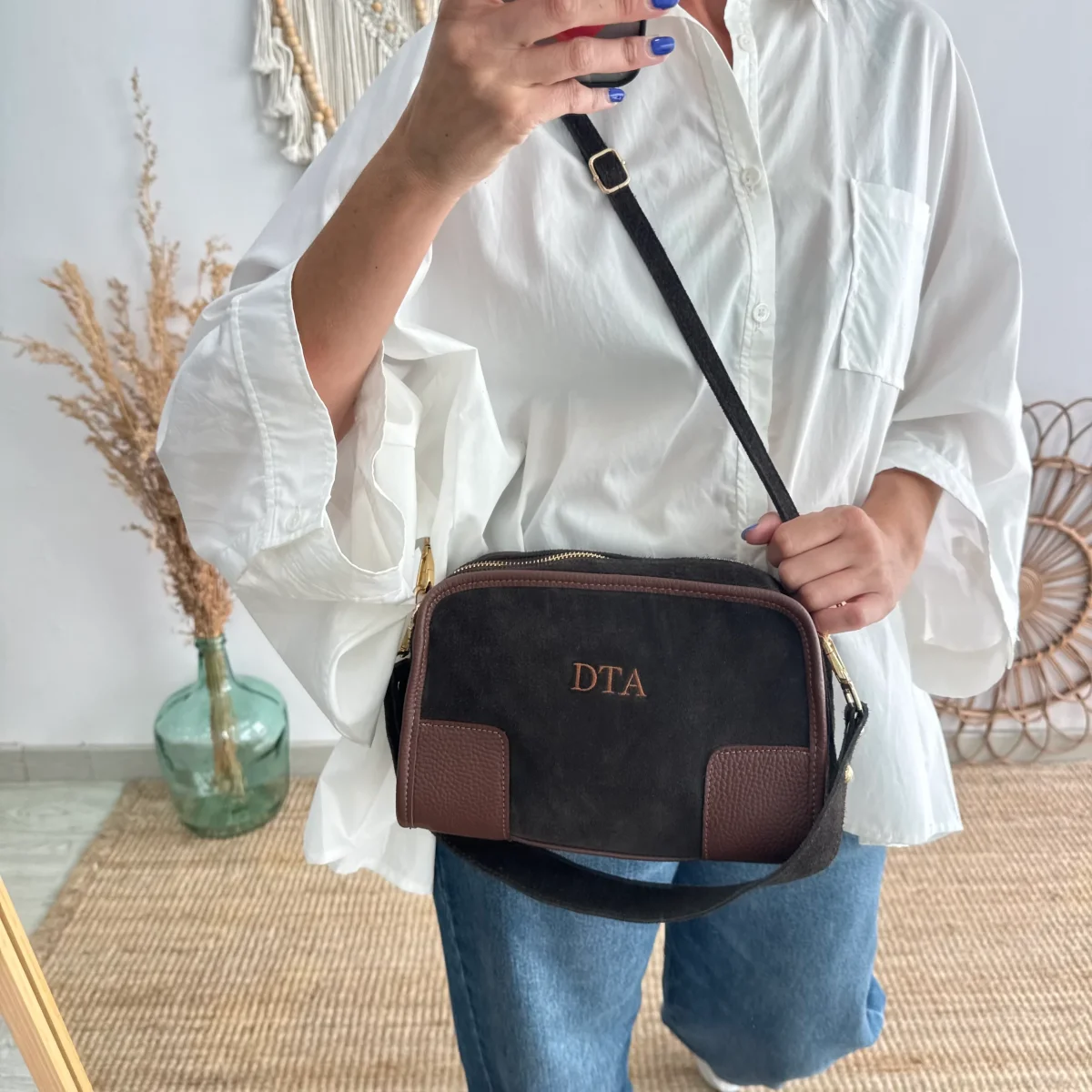 Bolso baúl serraje marrón y piel marrón - Imagen 8