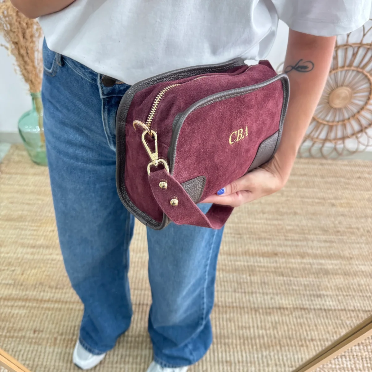 Bolso baúl serraje granate y piel marrón - Imagen 7