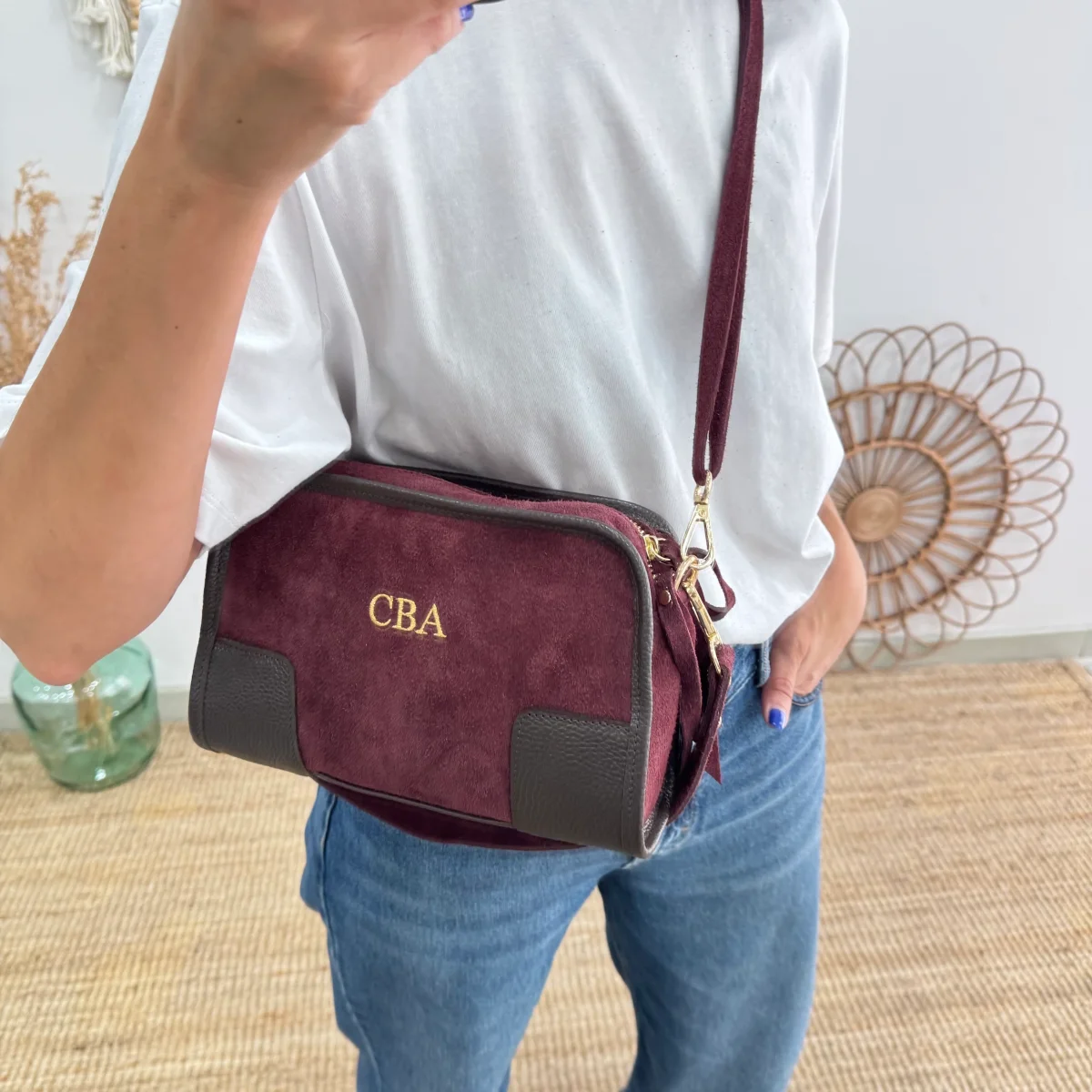 Bolso baúl serraje granate y piel marrón - Imagen 3