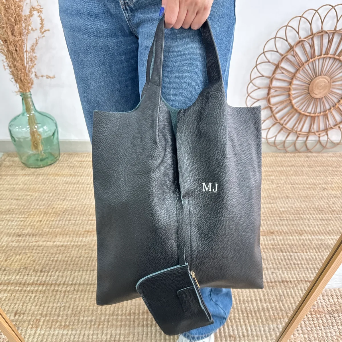 Bolso Tote piel negro con monedero - Imagen 9