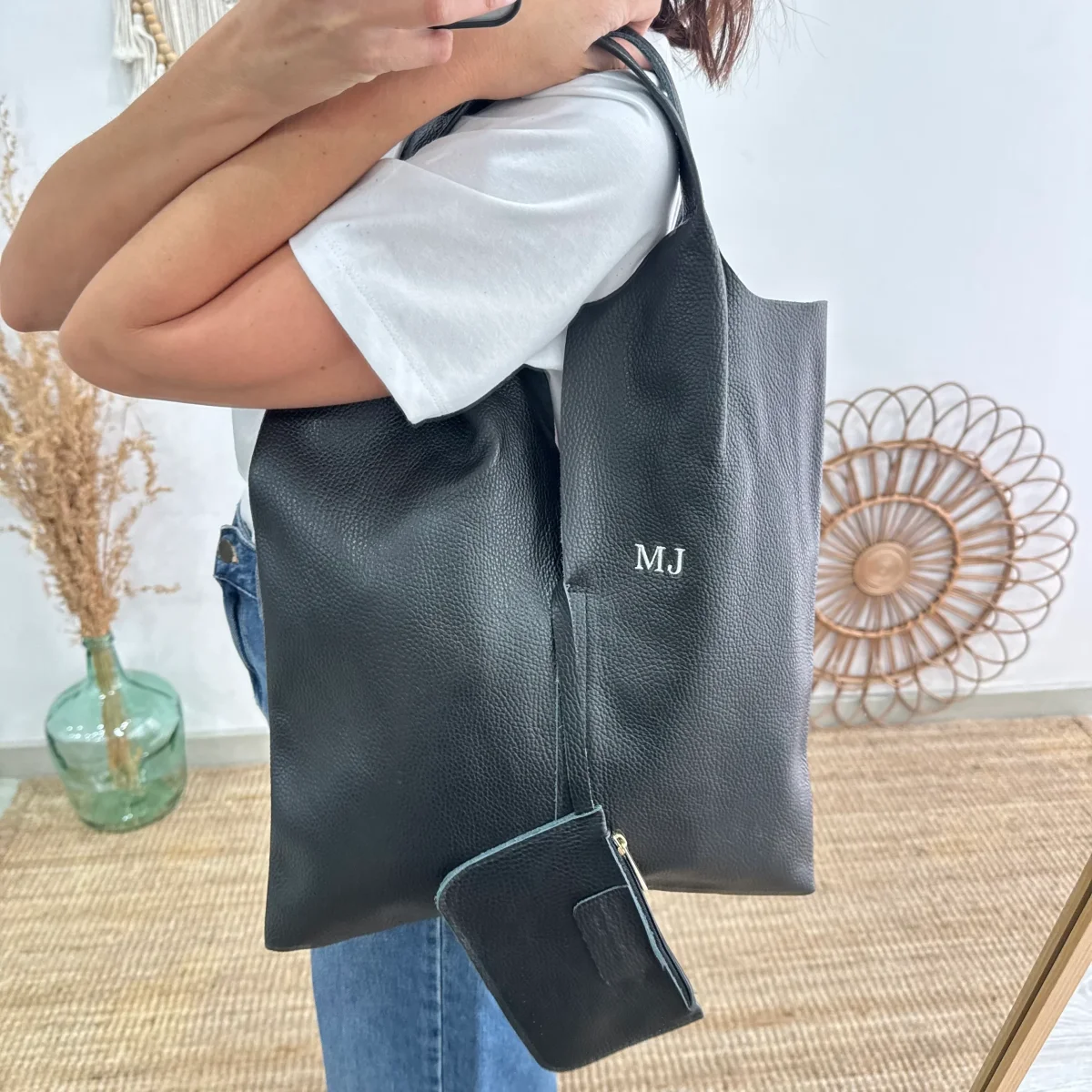 Bolso Tote piel negro con monedero - Imagen 4