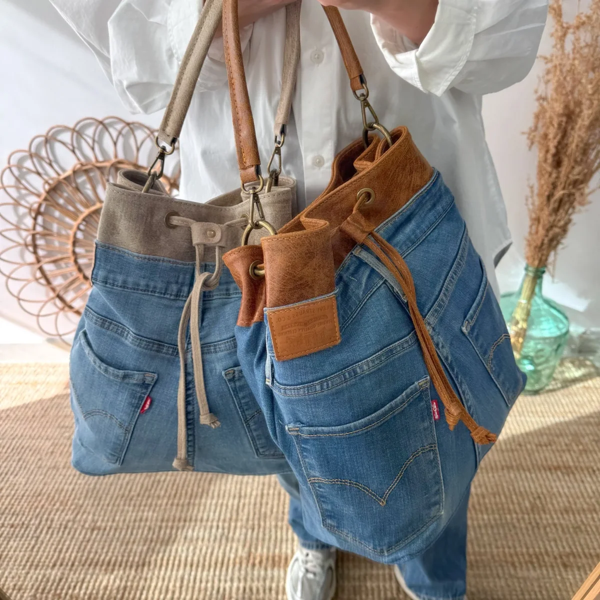 Bolso bombonera denim/piel camel - Imagen 6