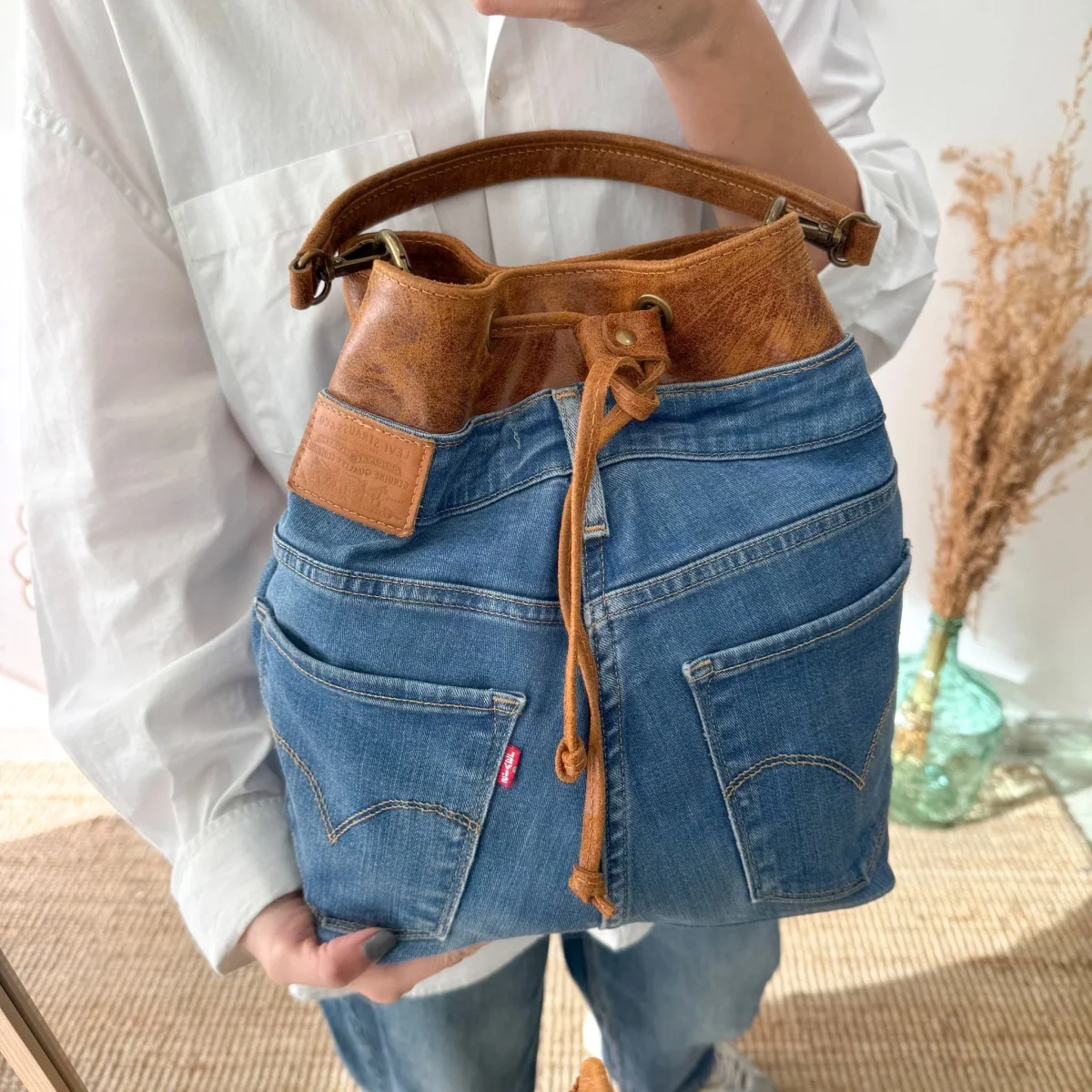 Bolso bombonera denim/piel camel - Imagen 3