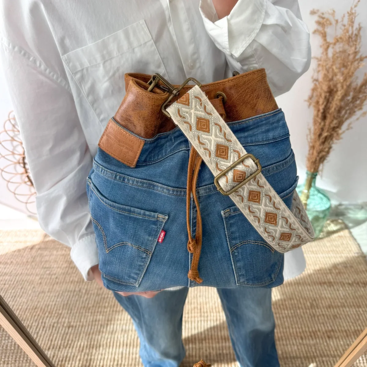 Bolso bombonera denim/piel camel - Imagen 7
