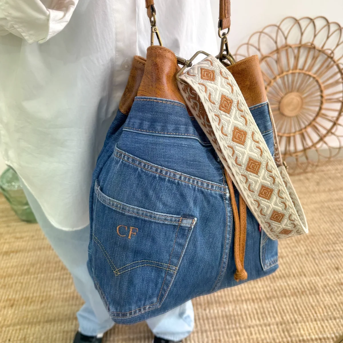 Bolso bombonera denim/piel camel - Imagen 2