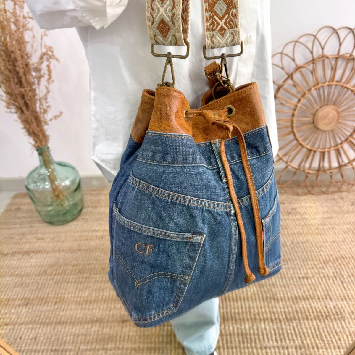 Bolso bombonera denim/piel camel - Imagen 9