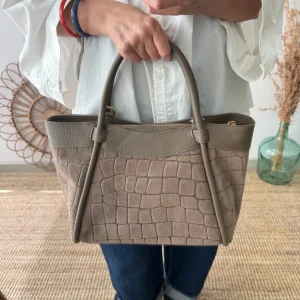 Bolso trapecio serraje y piel taupe