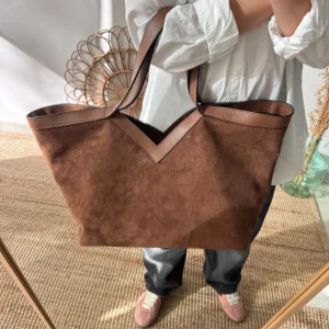 Bolso shopper combinado piel y serraje marrón