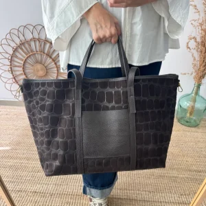 Bolso shopper bolsillo serraje y piel marrón chocolate