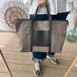 Bolso shopper bolsillo serraje y piel taupe