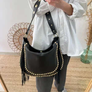 Bolso Hobo tachuelas y Flecos en Piel negro