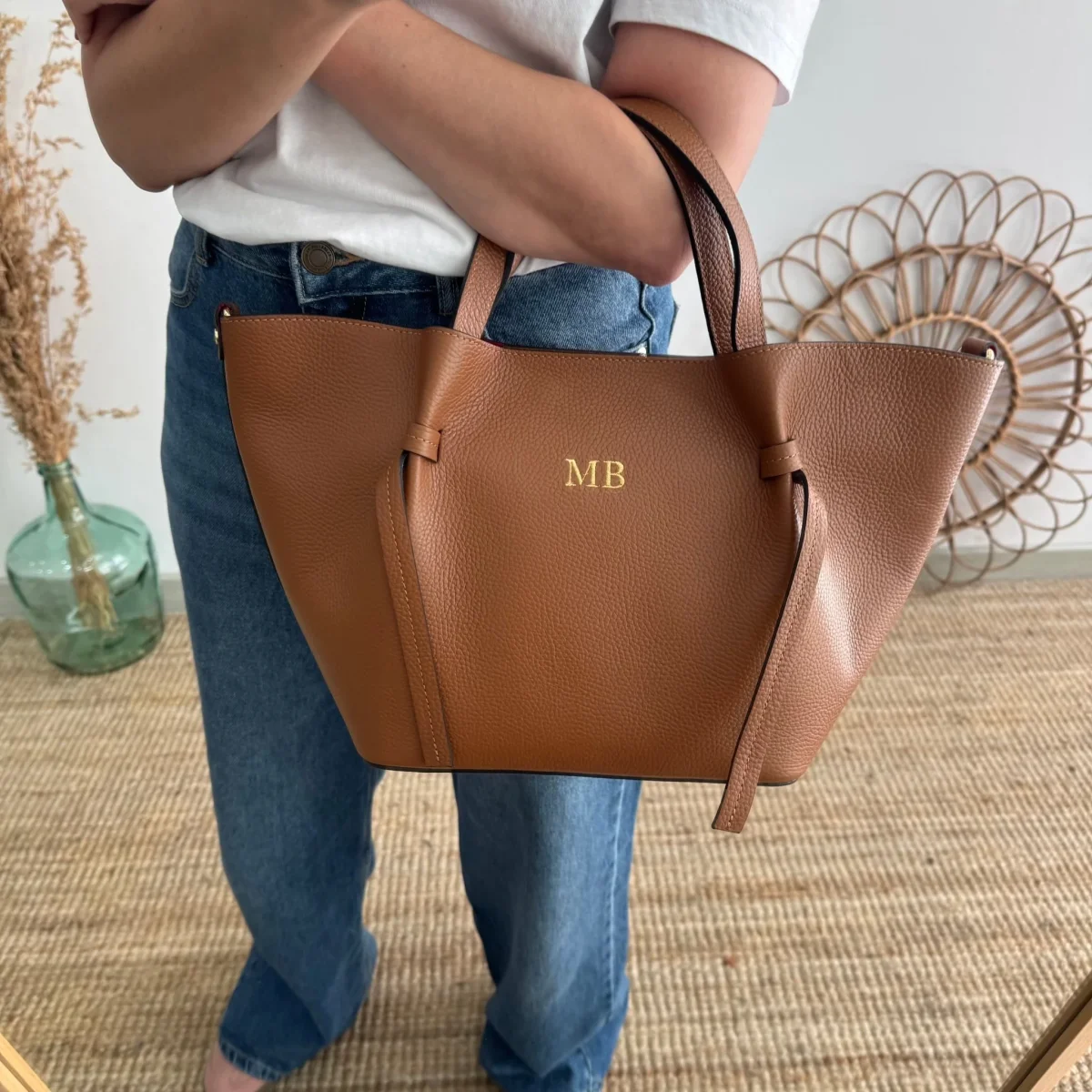 Bolso piel lazos camel - Imagen 3