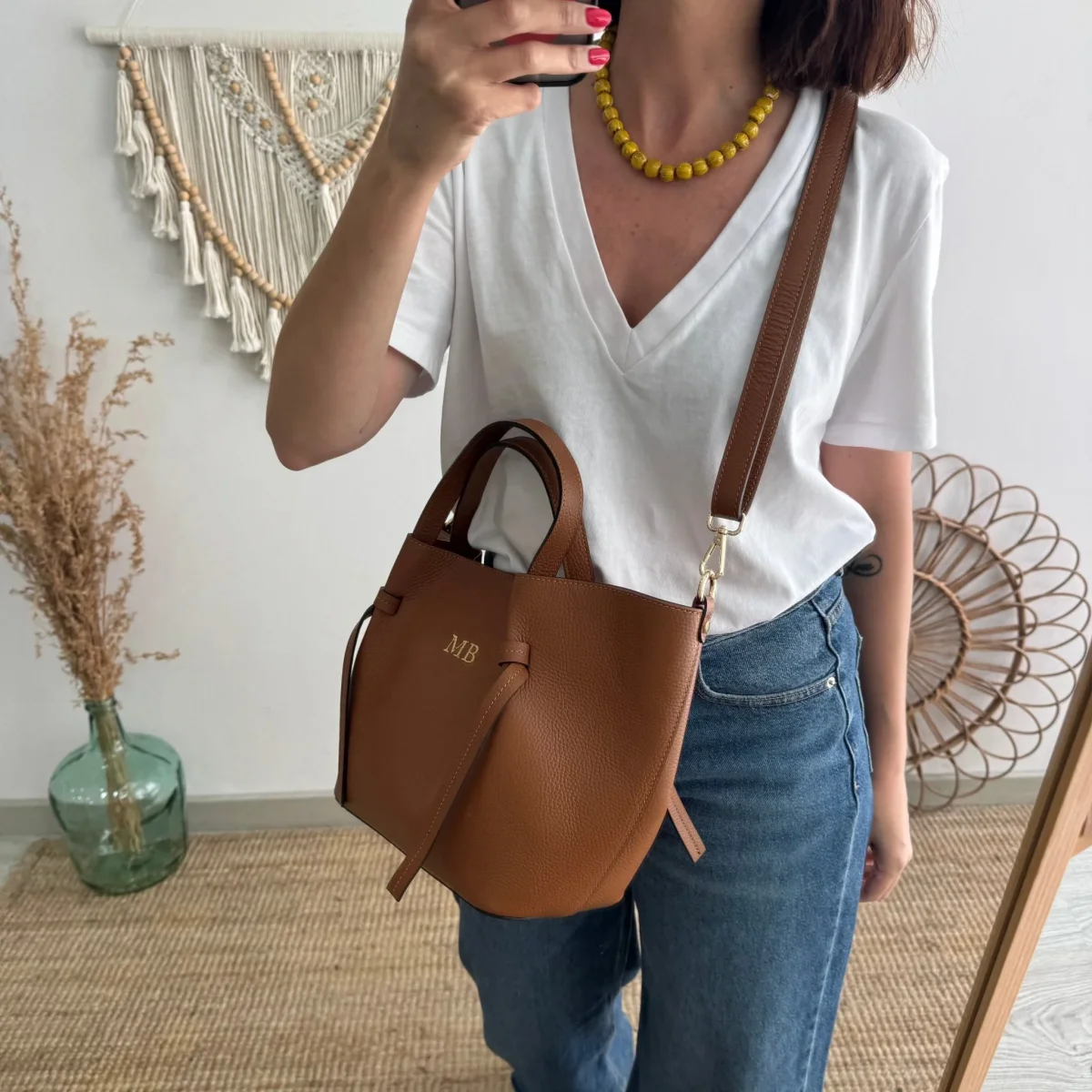 Bolso piel lazos camel - Imagen 8