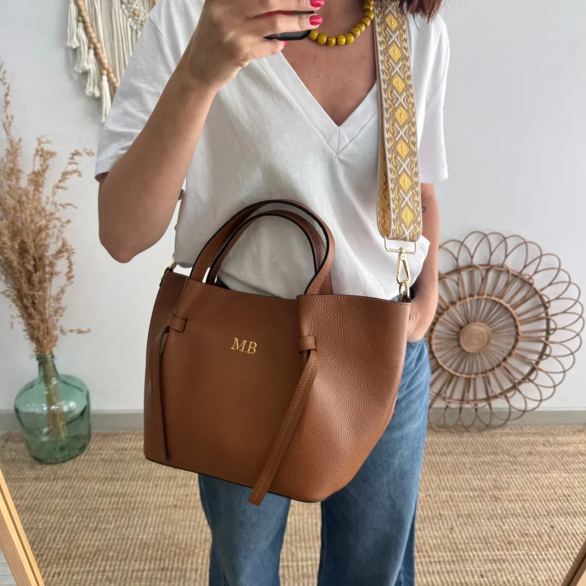 Bolso piel lazos camel - Imagen 4